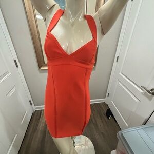 NWOT Hervé Léger Forever 21 ORANGE KNIT BANDAGE DRESS SHOULDER STRAPS FORM CROSS